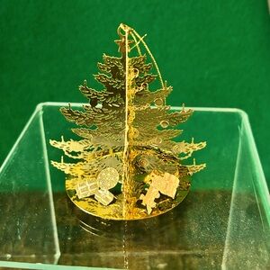Gold plated Brass medium weight 2d christmas tree ornament, labeled SM, no box